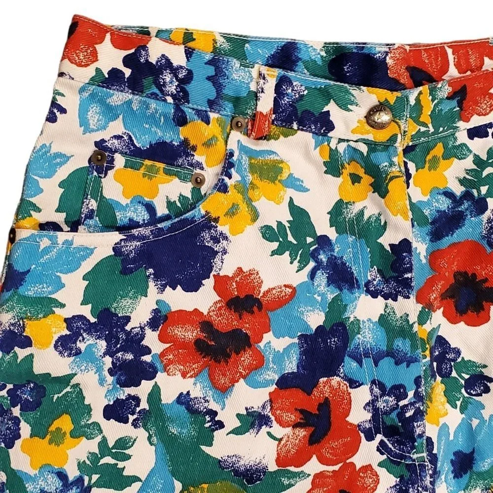 Vintage 90s Womens Size 14 Floral Denim Baggy Mom Shorts 7